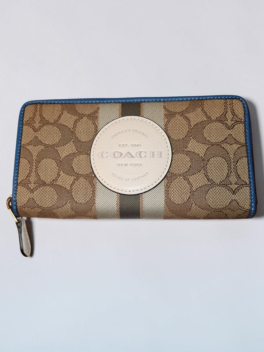Coach Signature Canvas Zip Wallet in Brown with Blue Trim